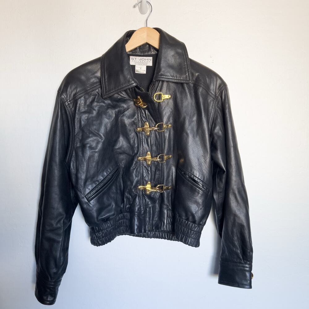 St. John Black Leather Jacket with Gold Accents